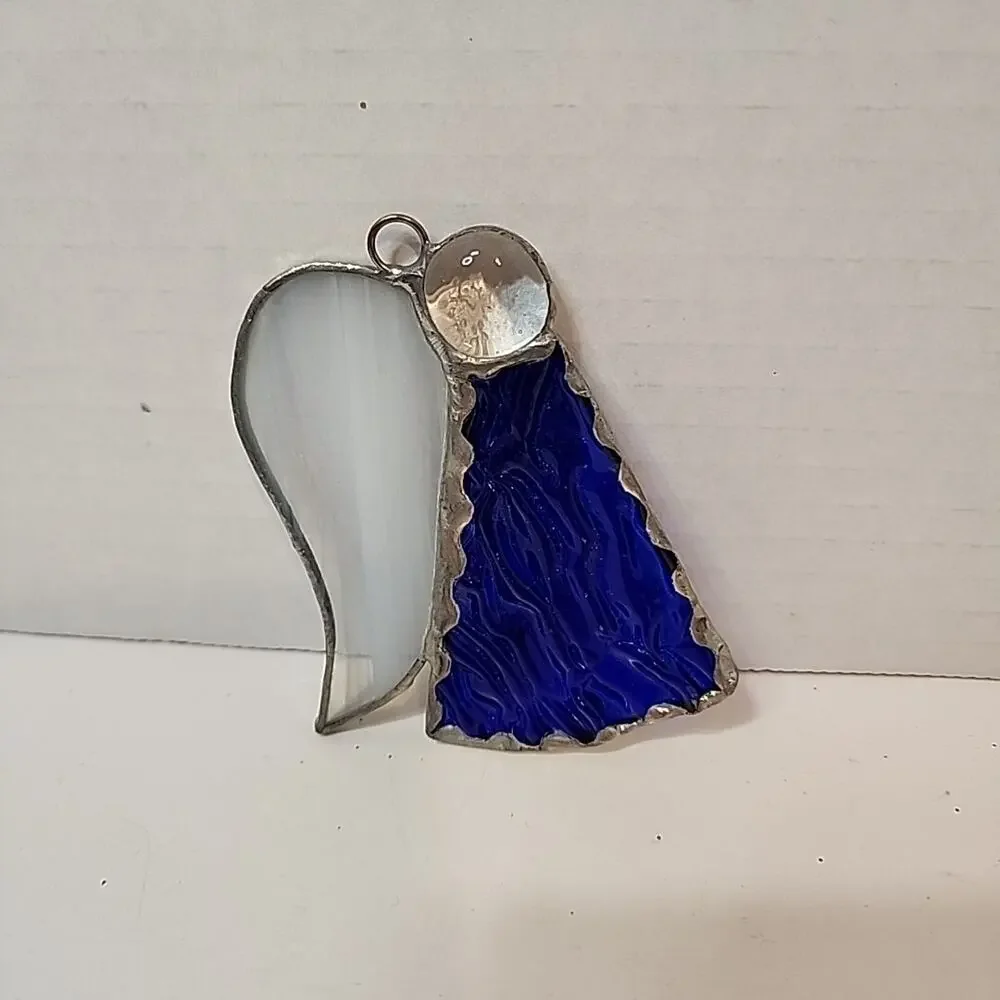 Stain Glass Angel Ornament Blue Textured Glass Body White Glass Wings 3.5”T
